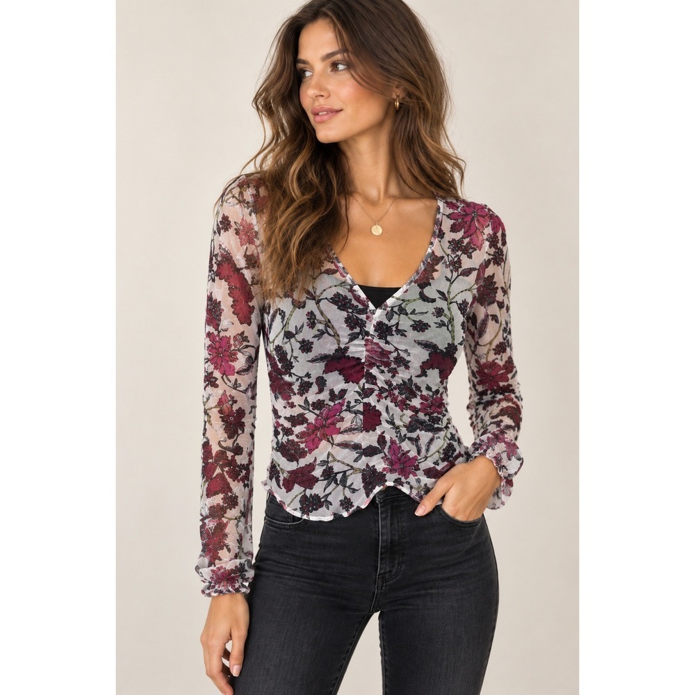 DVF Diane von Furstenberg Floral Blouse Womens M Sheer V Neck Long Sleeve NWOT